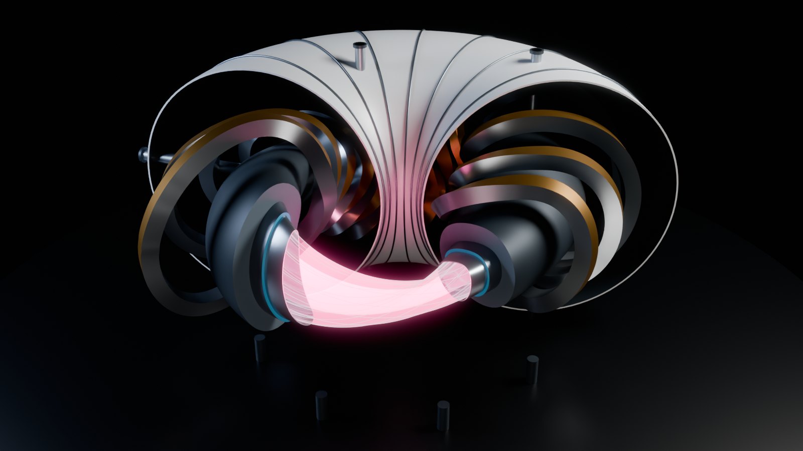 Render of Tanager-M with the cryostat cut open: twenty twisted coils around a glowing plasma