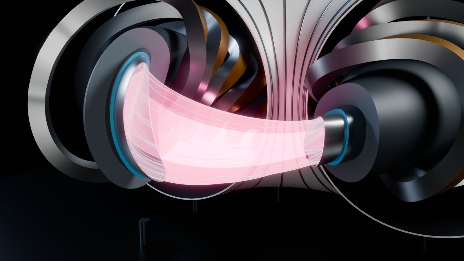 Close-up render of the stepped cutaway: plasma, tungsten wall, vacuum vessel, tungsten carbide shield and coils